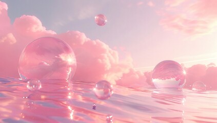 Pink dreamland.  Large glass spheres float on a calm, pink ocean under a pastel sky.