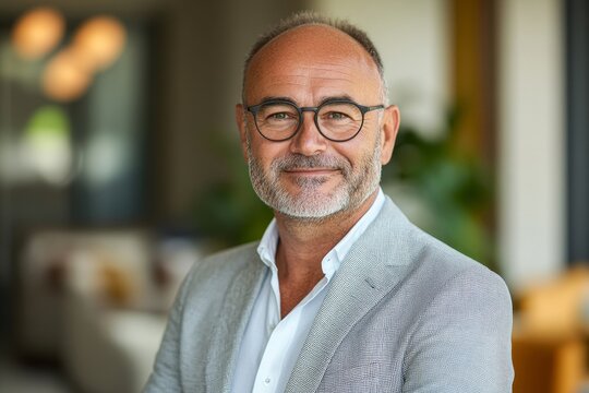 mature 50 year old confident professional manager, confident businessman investor looking at camera, smiling mid aged older business man executive standing in office, Generative AI