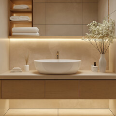Modern minimalistic bathroom with beige tiles, warm lighting and wood accents, featuring an elegant white sink on top of wooden countertop.
