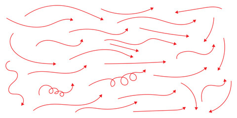 Collection hand drawn arrows. Set simple curved arrows isolated on white background. Collection of pointers. Vector illustration. Red hand drawn curve arrow icon vector set. 