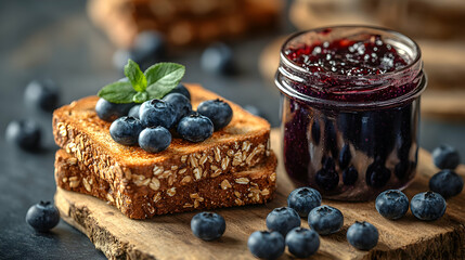 A wholesome slice of multigrain toast topped with fresh blueberries and accompanied by a jar of rich blueberry jam, perfect for a healthy breakfast