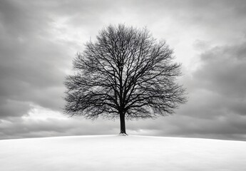 Fototapeta premium Solitary Winter Tree on Snowy Hill, Dramatic Sky