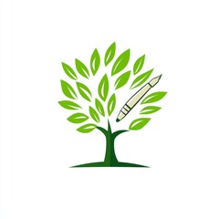Green Tree with Pen Representing Growth and Writing