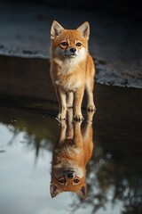 Naklejka premium there is a small dog standing on the edge of a puddle