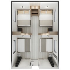 Fototapeta premium a view of a bedroom with two beds and a desk