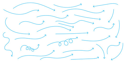 Collection hand drawn arrows. Set simple curved arrows isolated on white background. Collection of pointers. Vector illustration. Blue curve arrow set. blue hand drawn curve arrow set. 