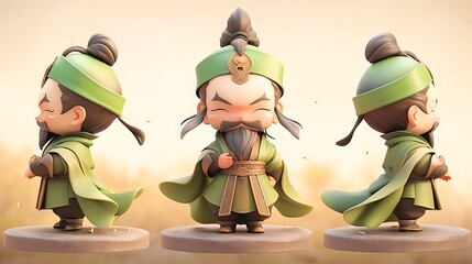 three figurines of a man in a green outfit and a green hat