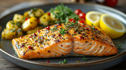 A perfectly grilled salmon fillet topped with fresh herbs, served alongside roasted vegetables on a rustic plate