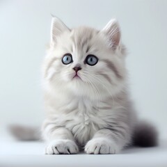 there is a small kitten sitting on a table with a white background