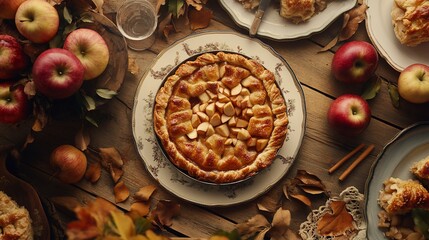 Overhead view of apple pie on rustic wooden table with apples and autumn leaves.