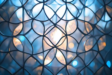 Abstract blue and orange light shining through intricate lattice pattern.