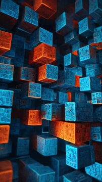 Rotating 3D cubes with code snippets on each face, glowing in soft blue and orange tones, symbolizing modular programming concepts, 4k High-Quality Business Wallpaper Background Animation Video