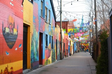 Obraz premium Colorful alleyway with vibrant murals and festive flags.