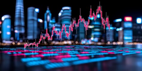 Financial investment is depicted through a double exposure of a nighttime cityscape and a stack of coins, highlighting the importance for finance investors. The background includes a Forex trading
