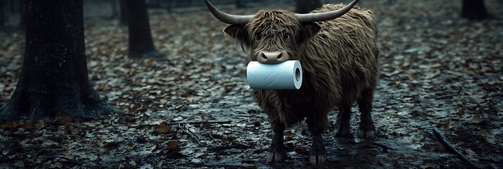 there is a long horned cow with a roll of toilet paper on its back