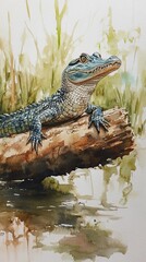 Obraz premium Young Alligator Resting on a Log near Water
