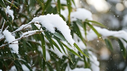 there is a snow covered branch of a tree with leaves