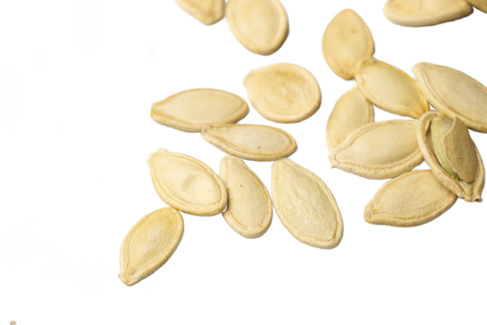 A handful of pumpkin seeds in transparent background, emphasizing their natural texture, nutritious appeal, and suitability for healthy eating or cooking concepts