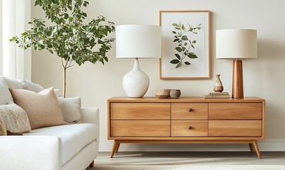 there is a white couch and a wooden dresser in a living room
