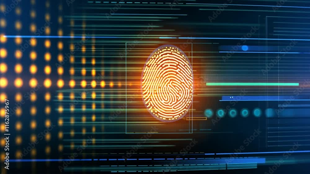 Poster digital fingerprint identification technology glowing lines and abstract data security patterns in b
