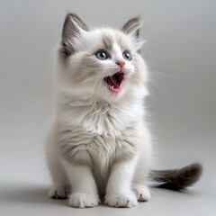 there is a white cat with blue eyes sitting on a table