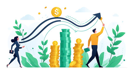 Going to financial goal, aim. Wealth, finance, capital growth, business progress concept. Investing, increasing revenue, income, earnings. Flat graphic vector illustration isolated on white background