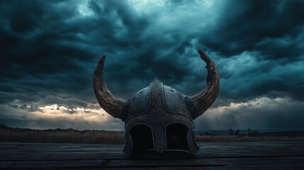 Ancient Viking Helmet, Dark Stormy Sky, Wooden Table, Norse Mythology