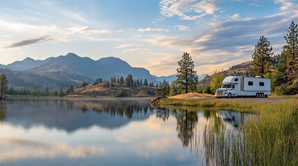 Fototapeta premium RV parked by calm lake at sunrise, reflecting mountains.