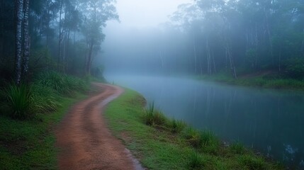 Obraz premium Misty morning path winding along a tranquil lake, lush greenery, fog.