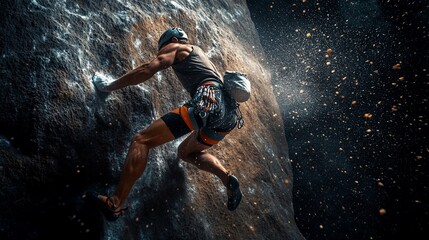 Climber ascends a steep rock face at night, stars glittering in the background.