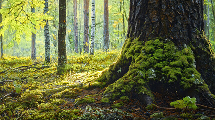 Fototapeta premium Green moss clinging to the tree, a very good landmark in the forest, moss attached to the lower part of the tree.