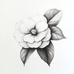 Fototapeta premium Detailed Pencil Drawing of a Camellia Flower and Leaves