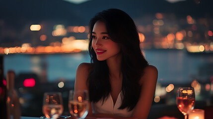 woman sitting at a table with a glass of wine in front of her