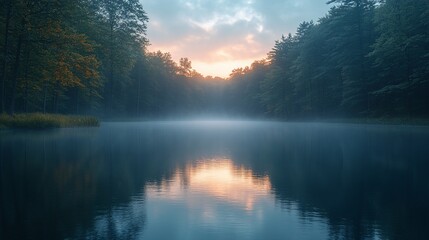 Fototapeta premium Serene Sunset Over Misty Forest Lake