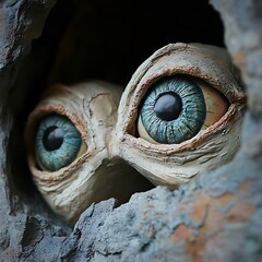 there are two eyes that are looking out of a hole