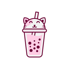 Bubble tea milk boba cute cat logo icon cartoon illustration vector