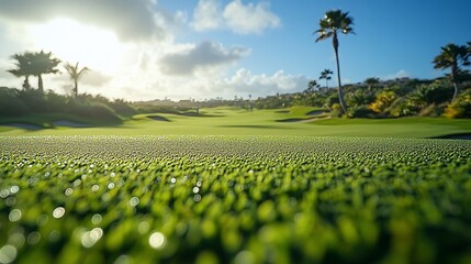 Lush Green Golf Course Fairway With Palm Trees