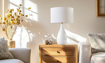 there is a white lamp on a wooden table next to a couch