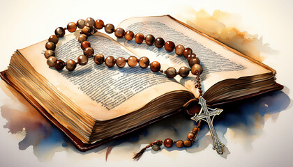 Delicate watercolor: rosary draped over open Bible. Intricate beads, soft colors. Faith, prayer, religious devotion.