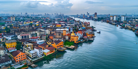 Obraz premium A City Alongside a Calm Body of Water and Lush Landscapes