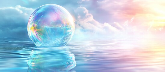 Iridescent bubble floats on calm water, reflecting pastel sky.