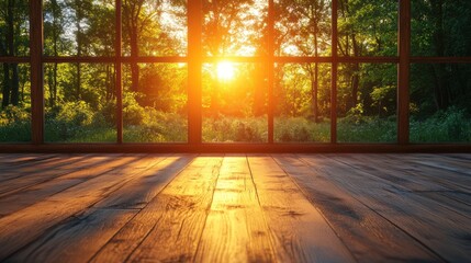Sunset view through large window onto forest seen from wooden floor.