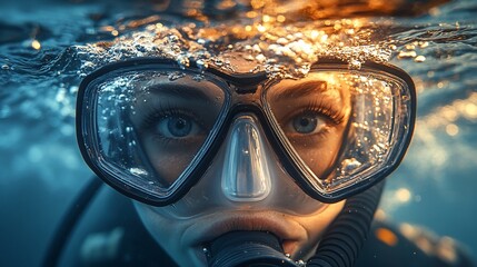 Underwater Woman Wearing Diving Mask and Regulator