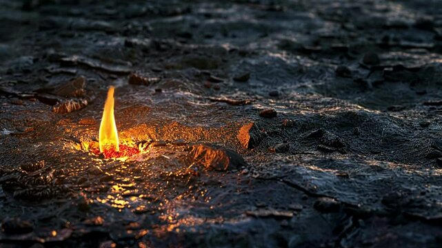 A solitary flame flickers gently on a desolate patch of ground, representing resilience in adversity.