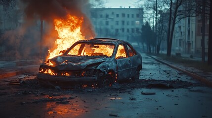 Obraz premium Burning car in the city street emitting smoke and flames