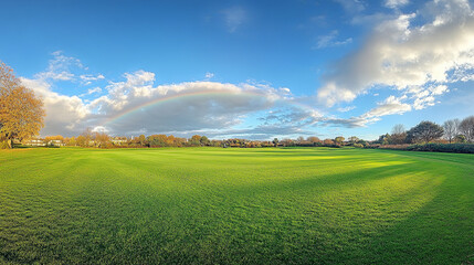 A stunning full rainbow arches across a vast grassy field under a bright blue sky with scattered white clouds, capturing the beauty of nature's simplicity