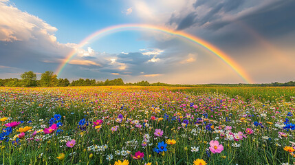 A picturesque field of wildflowers under a vibrant rainbow, with soft sunlight bathing the landscape