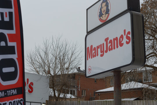 sign outside MaryJane's Weed Dispensary York located at 239 Scarlett Road in Toronto, Canada