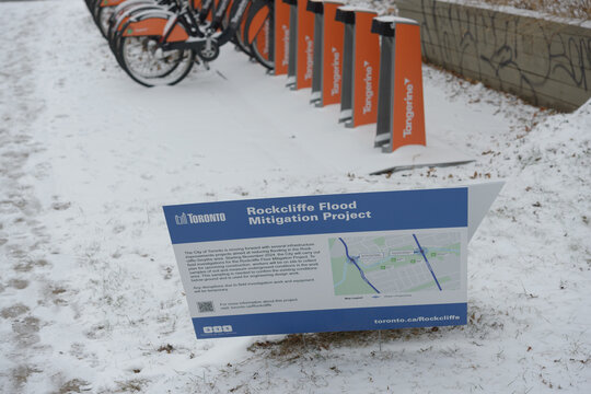 City of Toronto "Rockcliffe Flood Mitigation Project" and Bike Share Toronto parking station on Scarlett Road