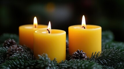 Three yellow candles burning brightly in a festive Christmas wreath.